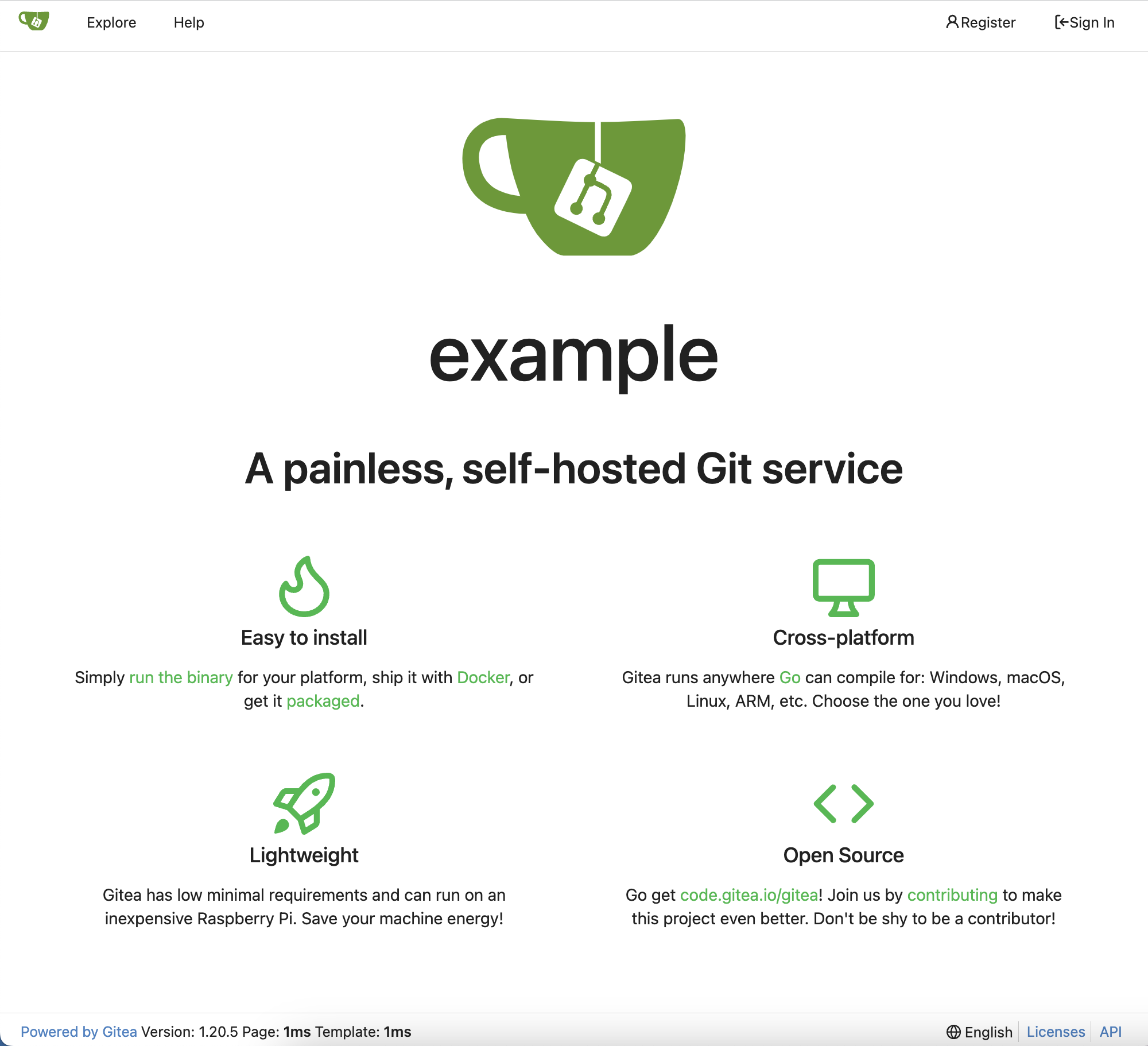 Gitea app landing page